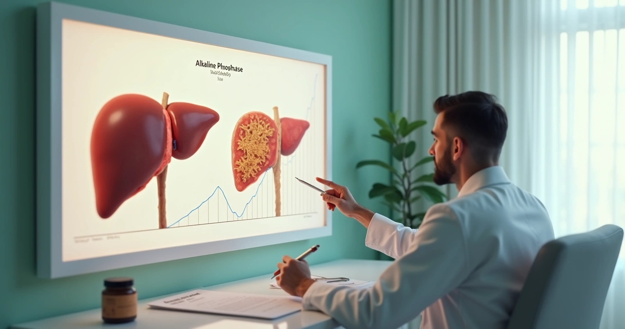 Paciente observando ilustração do fígado saudável e doente em painel luminoso de consultório 