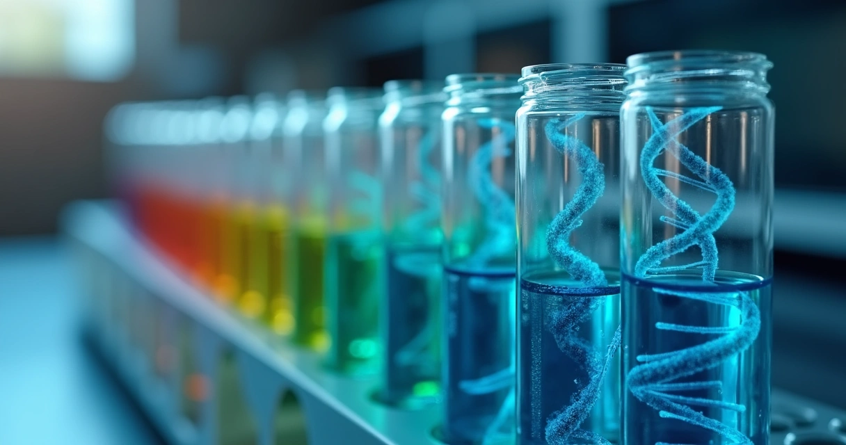 Painel genético com fitas de DNA e tubos de laboratório 