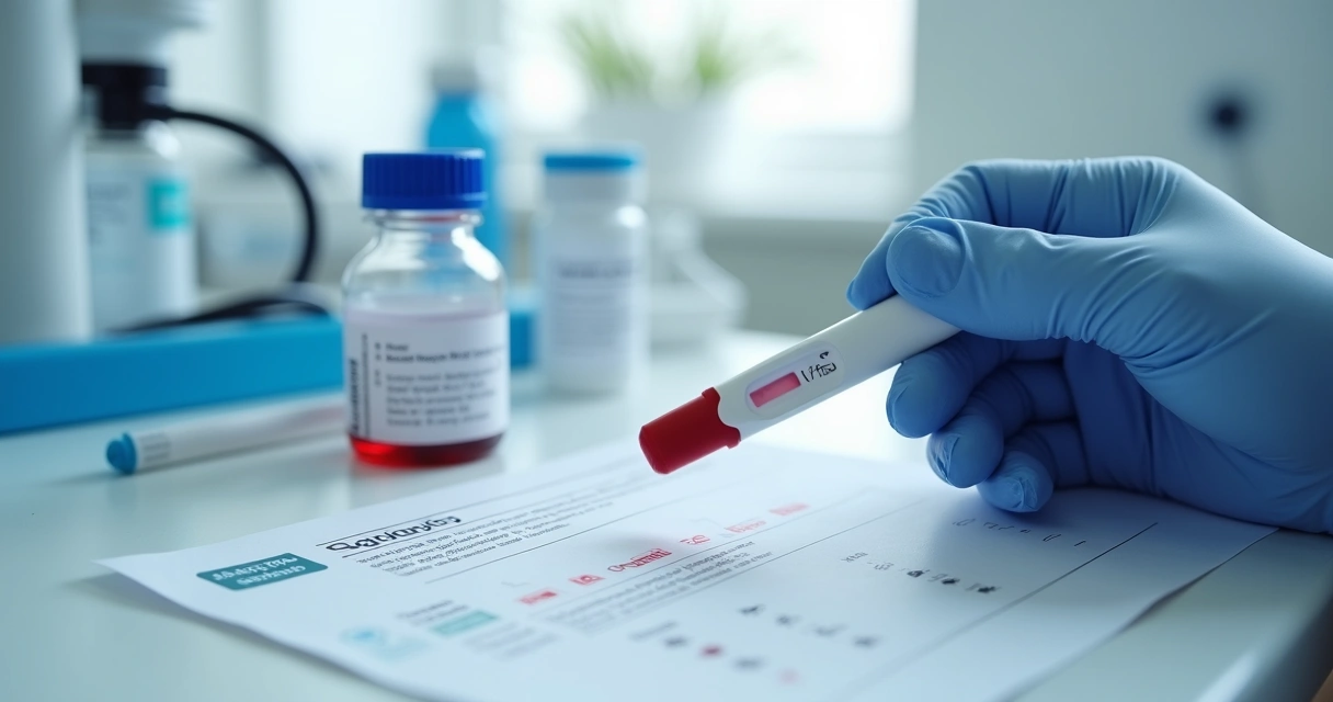 Mão segurando uma tira de glicemia ao lado de um exame de sangue 