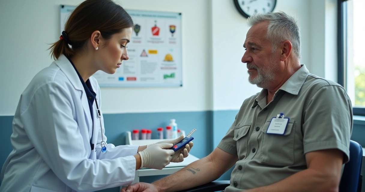 Profissional de laboratório colhendo sangue para exame de glicemia em trabalhador uniformizado 