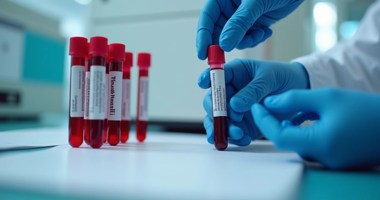 Amostras de sangue e tubo de laboratório em mesa