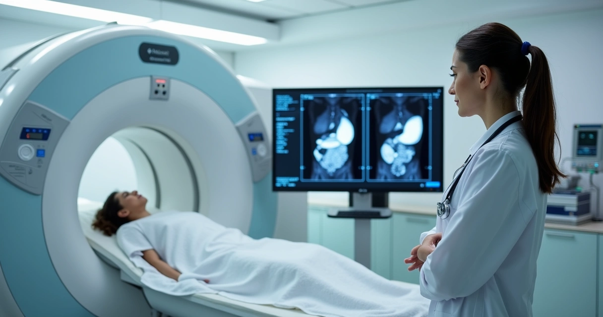Médica analisa exame de imagem abdominal em monitor de tomografia 