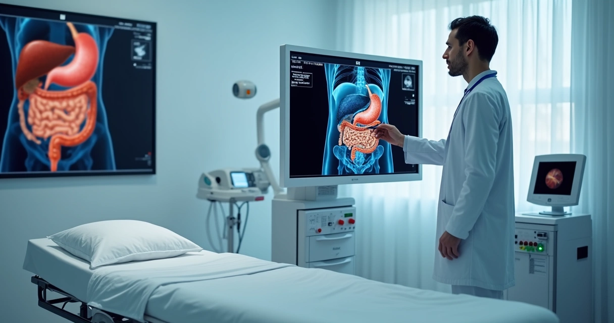 Médico analisa exame de imagem abdominal em tela com ilustrações do trato gastrointestinal 
