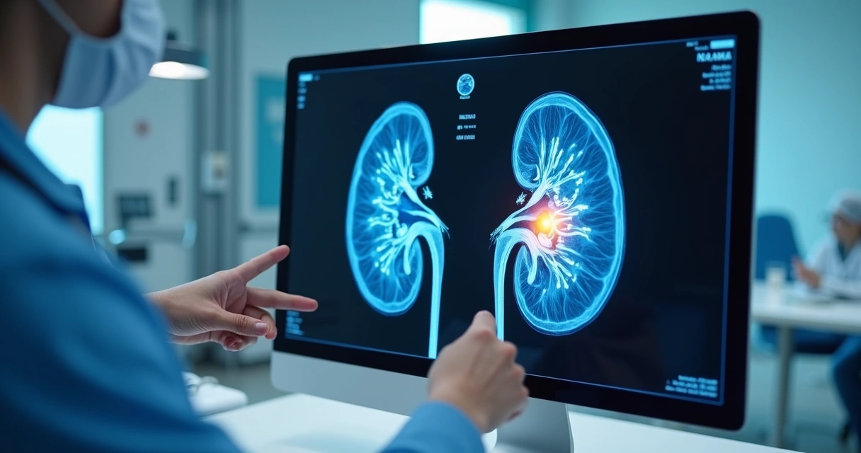 Imagem mostrando exame de tomografia computadorizada do rim com tumor detectado 