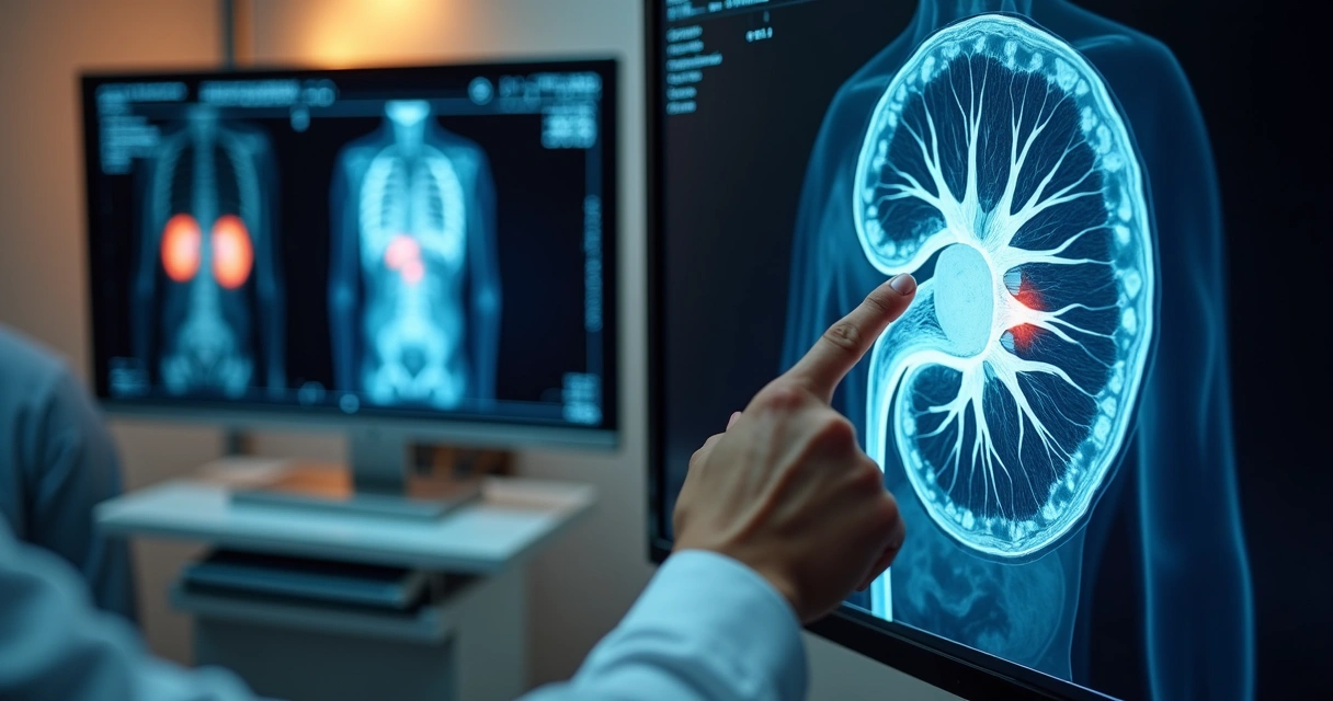 Exame de imagem detalhado mostrando lesão renal em corte transversal 