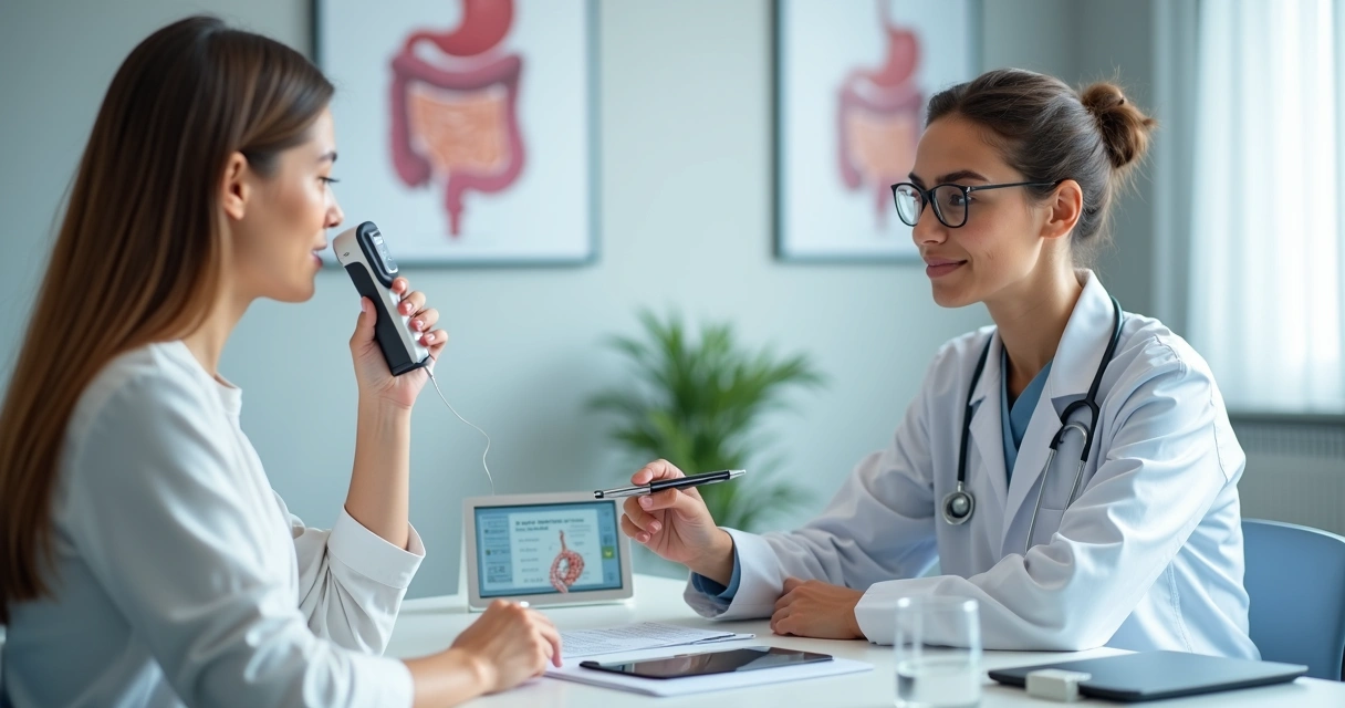Paciente realizando exame de intolerância à lactose em clínica com médico explicando resultados 