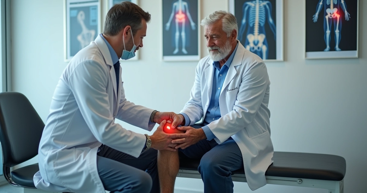 Exame físico de joelho sendo realizado por médico especializado 