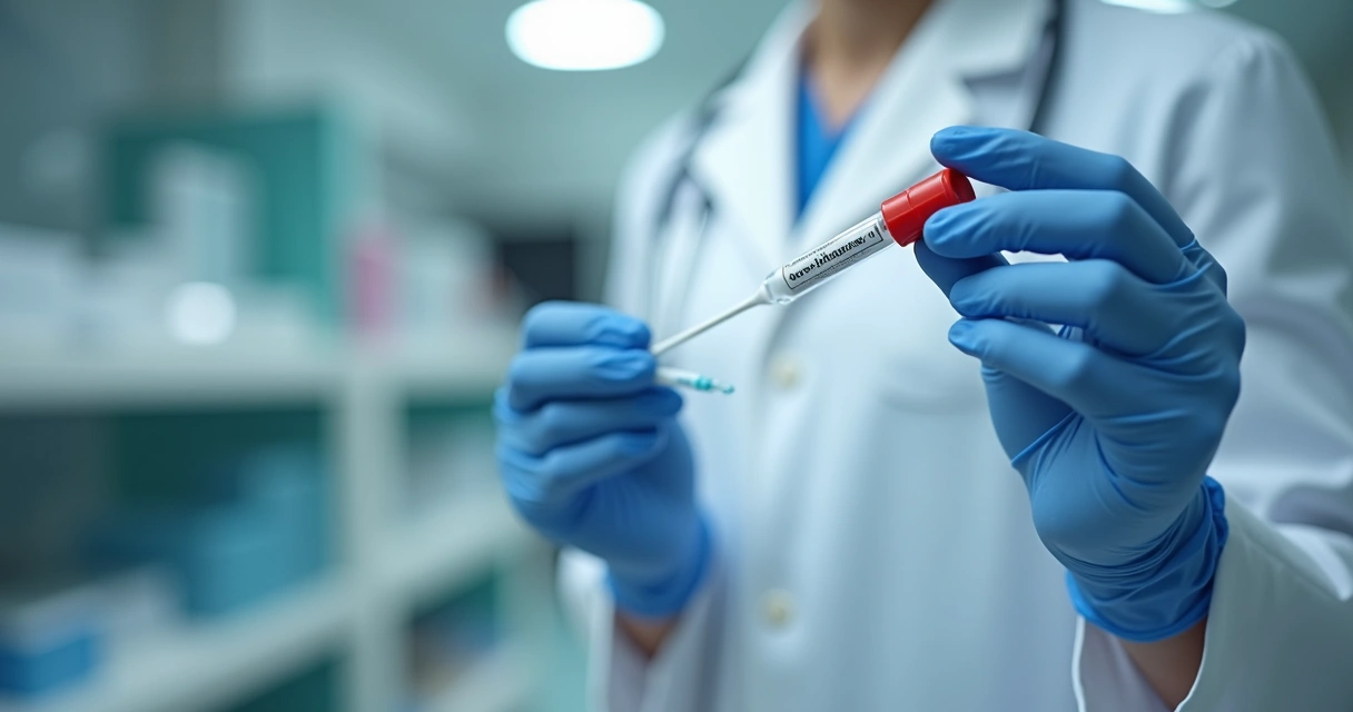 Profissional de saúde segurando tubo de coleta para exame laboratorial de IST