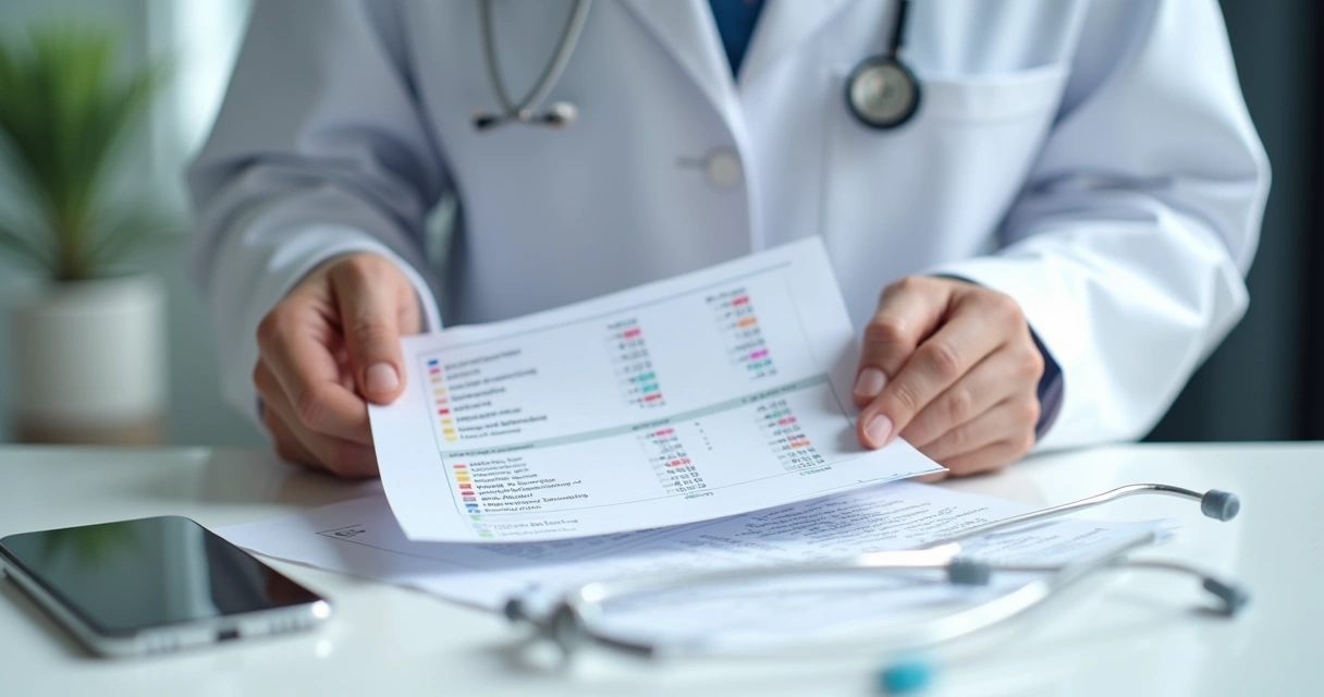 Profissional de saúde analisando resultados de exames laboratoriais em mesa branca