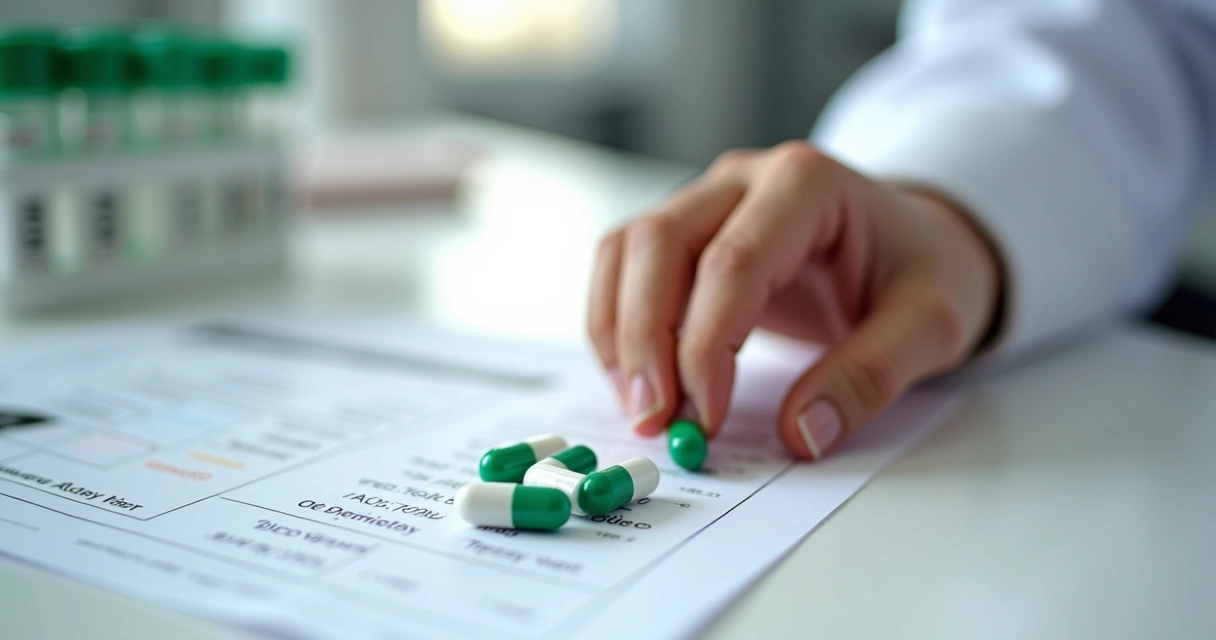 Mão segurando cápsulas naturais ao lado de exames de sangue