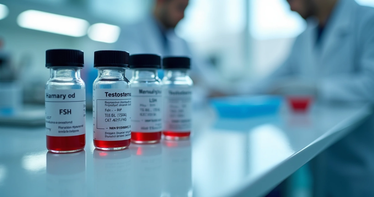 Laboratório com tubos de sangue identificados para exames hormonais