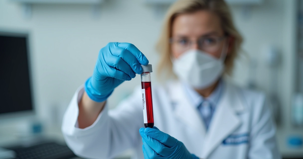 Profissional de laboratório segurando tubo de ensaio com sangue para teste de IST 
