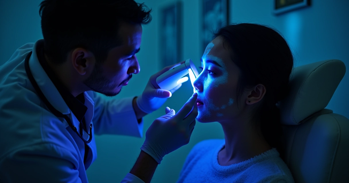 Dermatologista usando lâmpada de Wood para examinar manchas de vitiligo no rosto de paciente em sala escura 