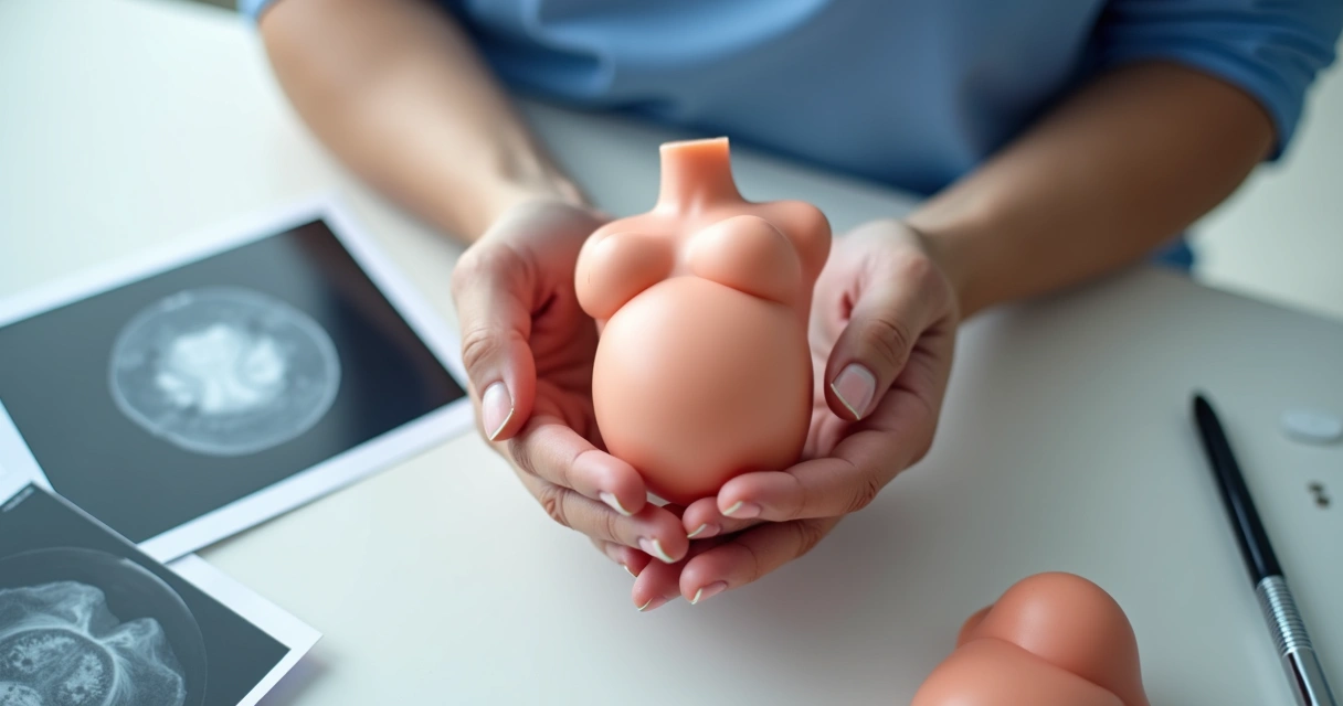 Mãos femininas segurando um modelo anatômico de mama ao lado de mamografia e ultrassom impressos sobre mesa branca 
