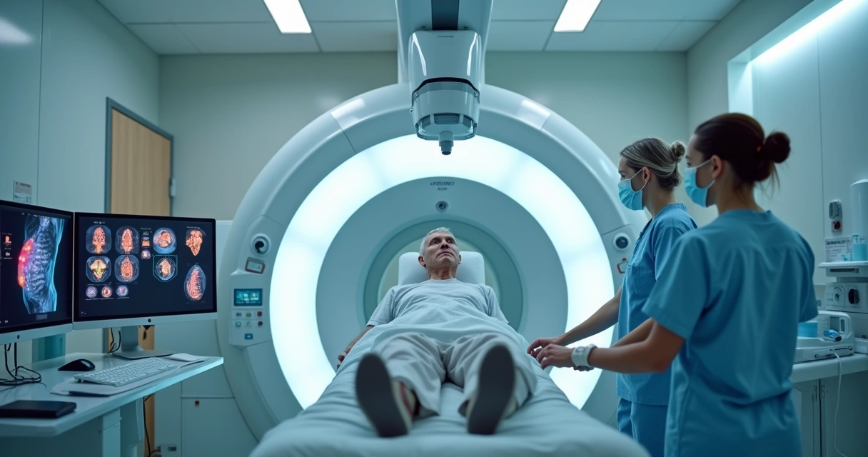 Paciente deitado em mesa de exame realizando cintilografia em hospital 