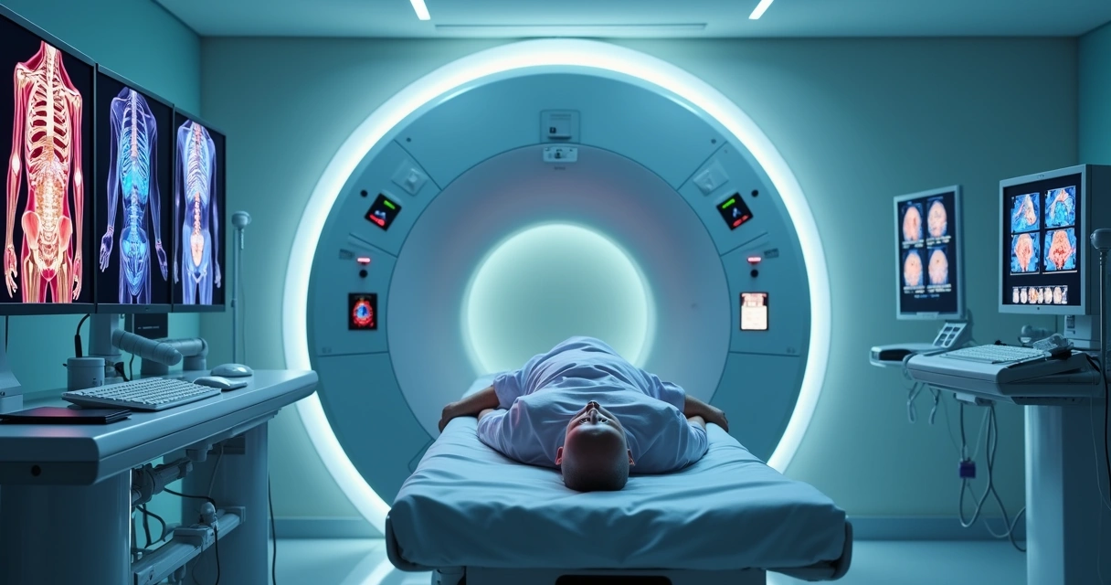 Paciente deitado em equipamento de tomografia para exame de medicina nuclear com equipamento PET e SPECT ao fundo 