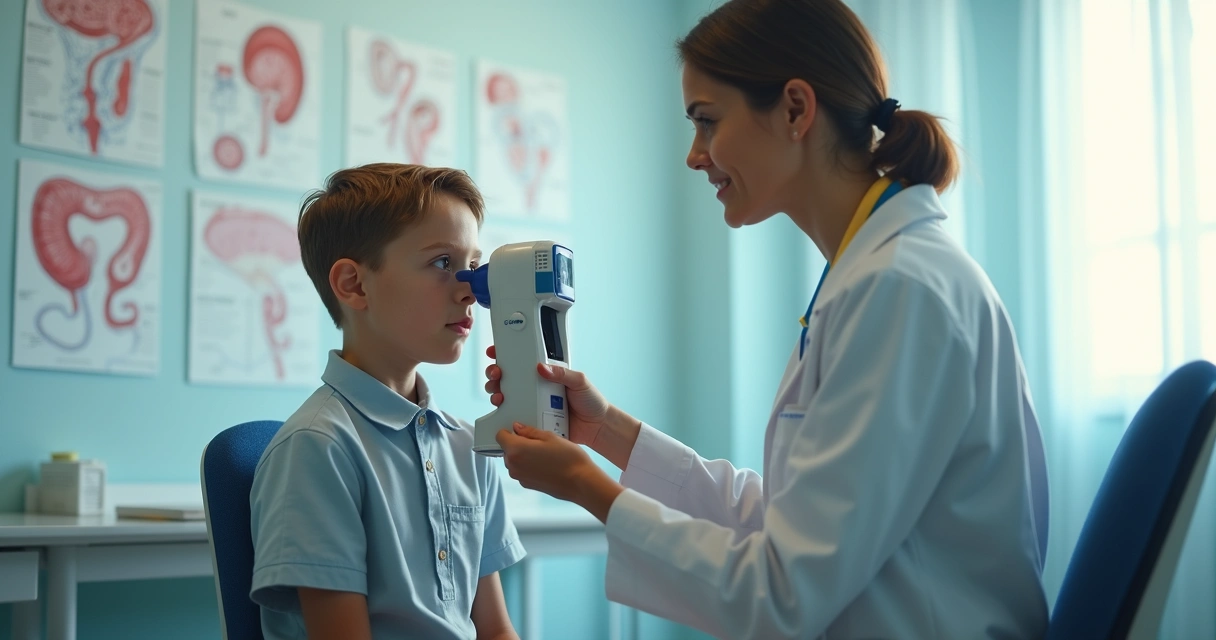 Médico realizando medição testicular em menino com orquidômetro 