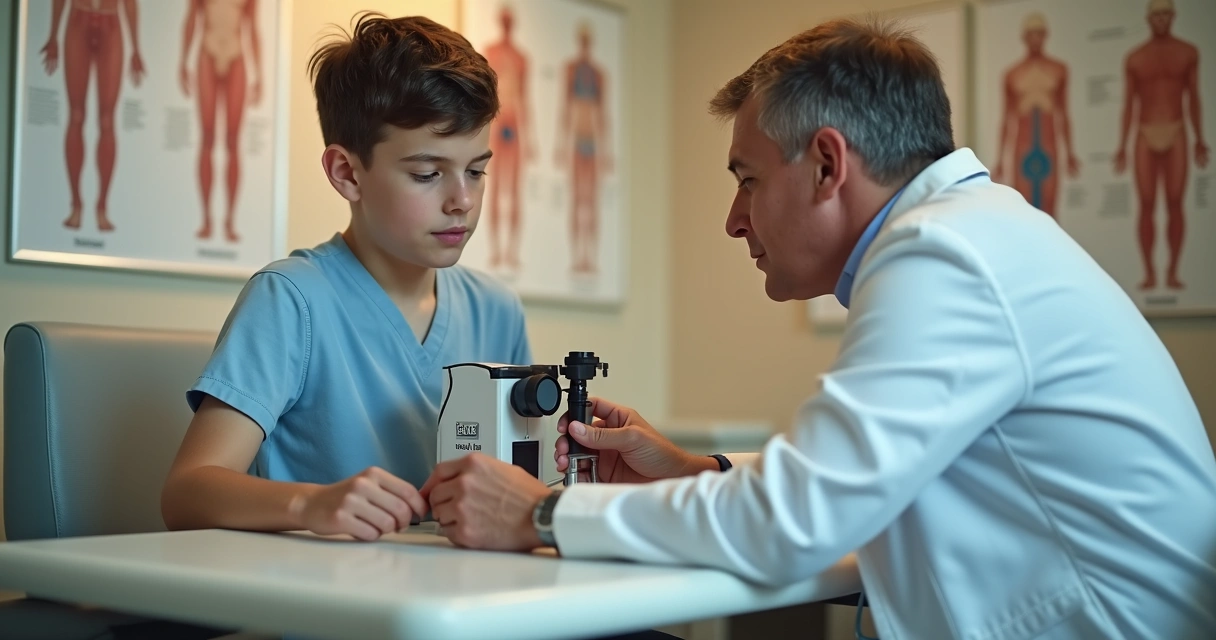 Médico segurando um orquidômetro ao lado de um adolescente em consultório