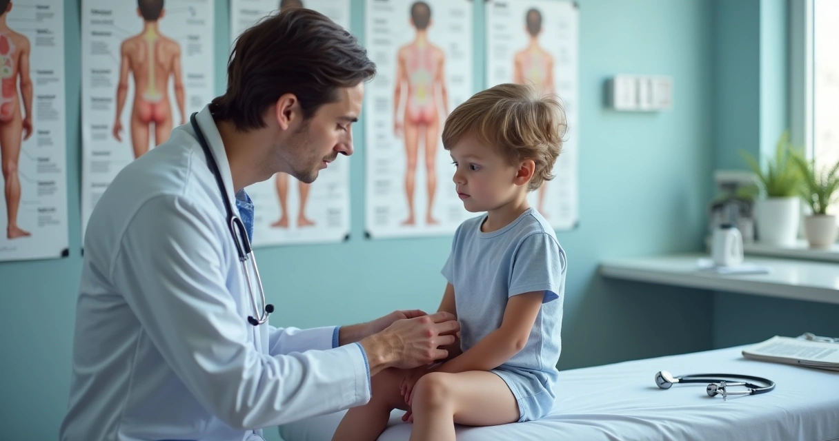 Médico especialista examinando paciente infantil para diagnóstico de criptorquidia em consultório clínico 