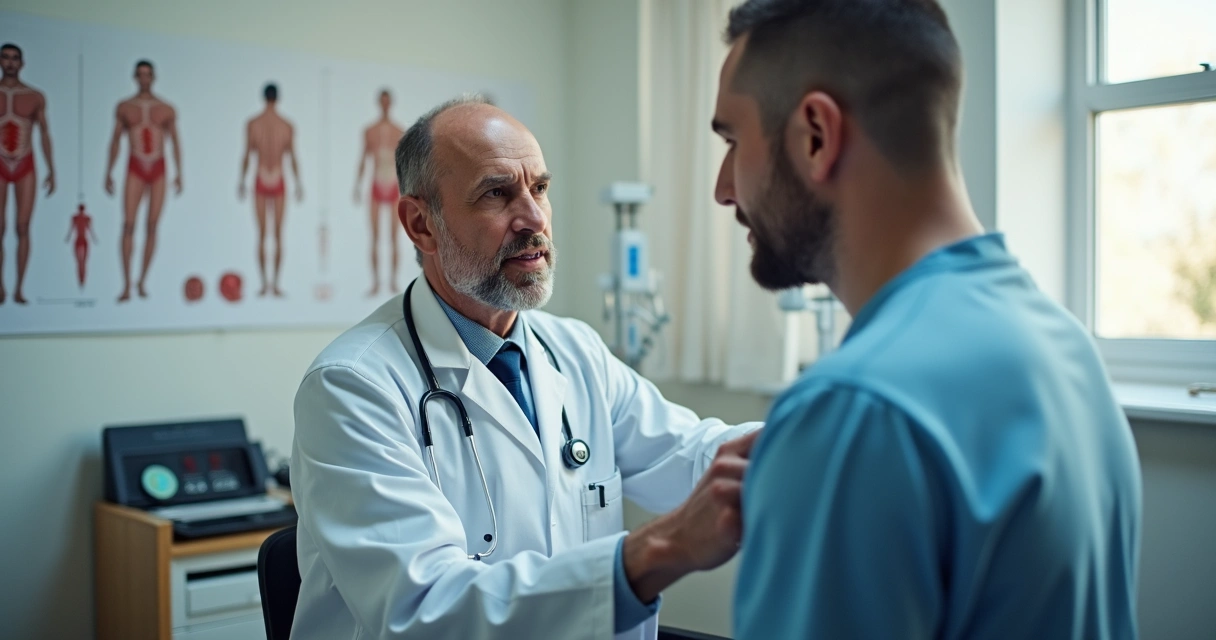 Médico andrologista examinando paciente para avaliação preventiva 