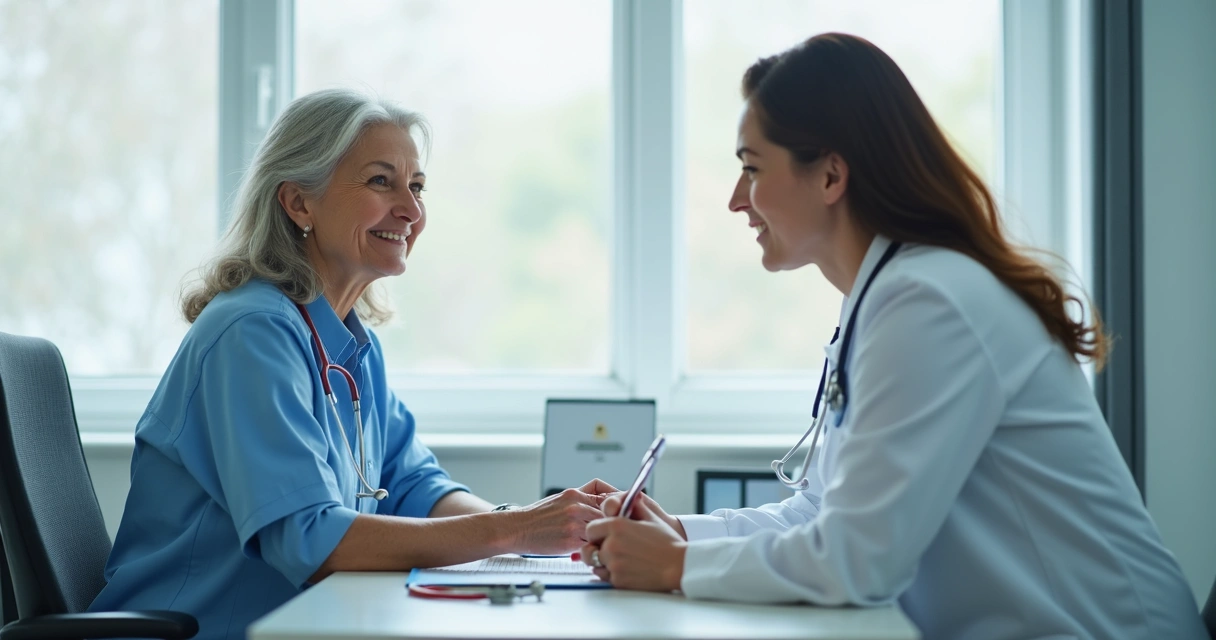 Mulher em consulta médica para avaliar saúde na menopausa 