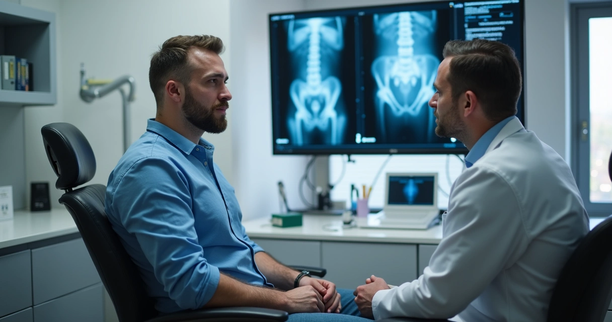 Paciente em consulta de retorno após procedimento peniano conversando com o urologista 