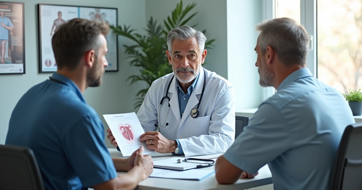 Médico realiza exame clínico de próstata em consultório com homem na casa dos 50 anos 