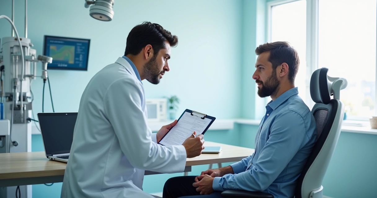 Médico examinando trabalhador sentado em consultório moderno