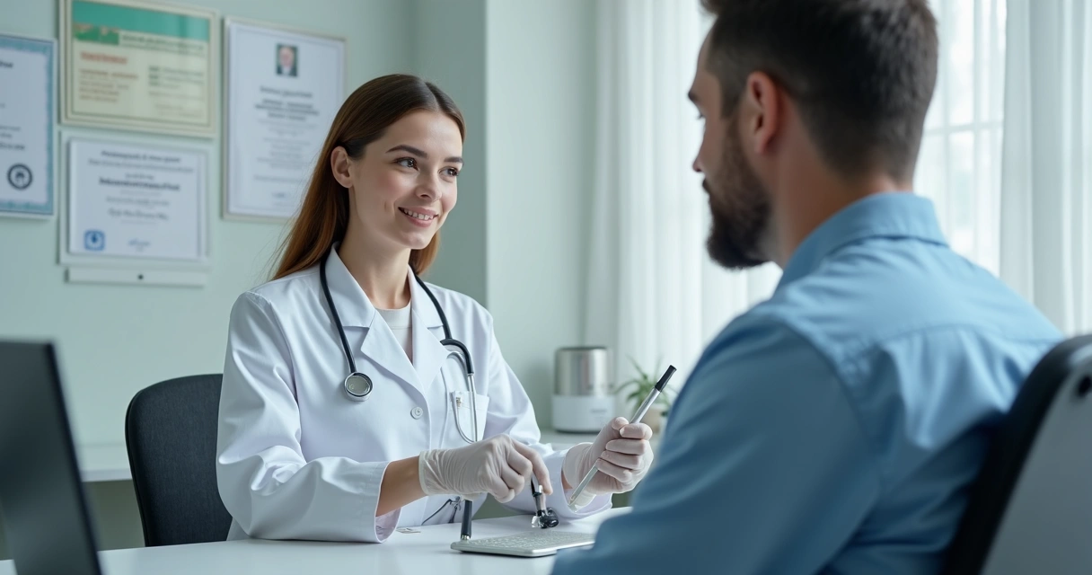 Profissional da saúde aplicando teste em trabalhador em consultório