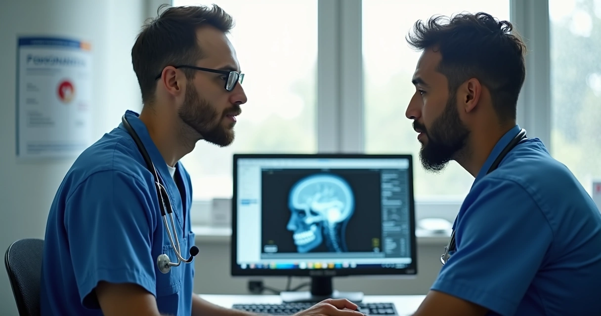 Médico examinando trabalhador de indústria sentado em consultório 