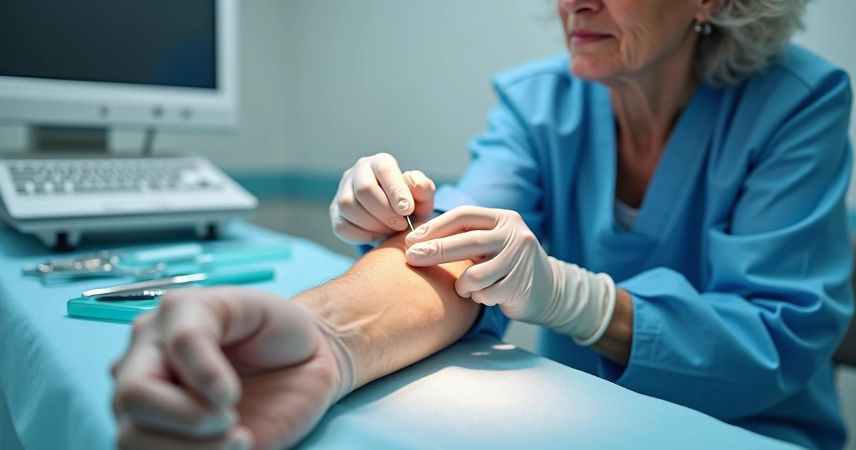 Exame de biópsia de medula óssea sendo realizado 