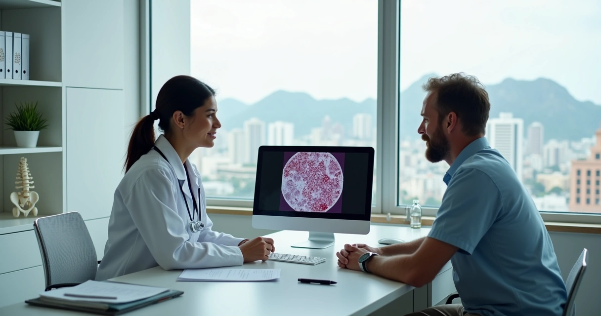 Hematologista explicando exame de medula óssea para paciente em consultório moderno 
