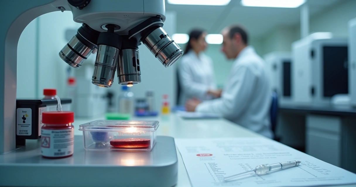 Material de medula óssea sendo analisado em microscópio em laboratório de hematologia 