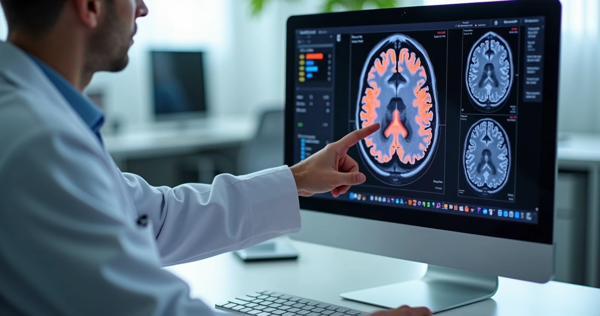 Neuroimagem cerebral em tela de computador mostrando áreas do cérebro afetadas 