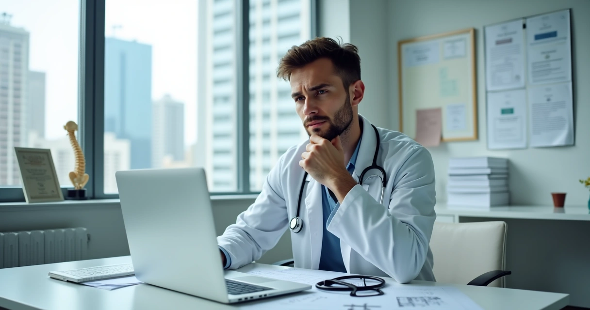 Médico jovem em consultório olhando preocupado para prova sobre a mesa 