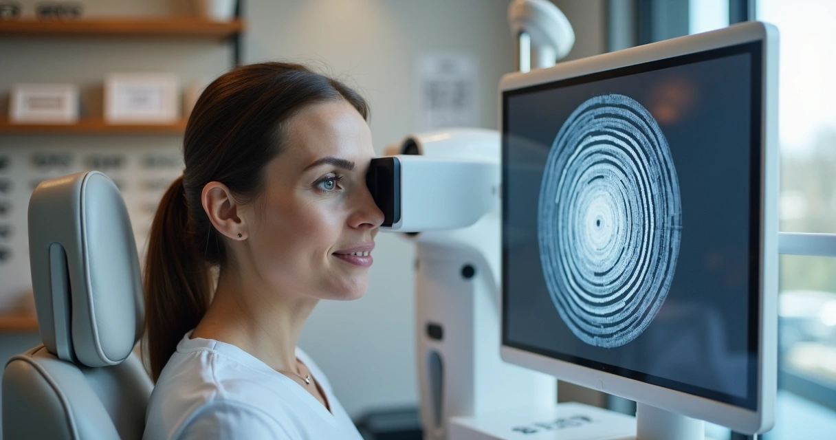 Paciente fazendo exame ocular com projeção de linhas para avaliar astigmatismo 