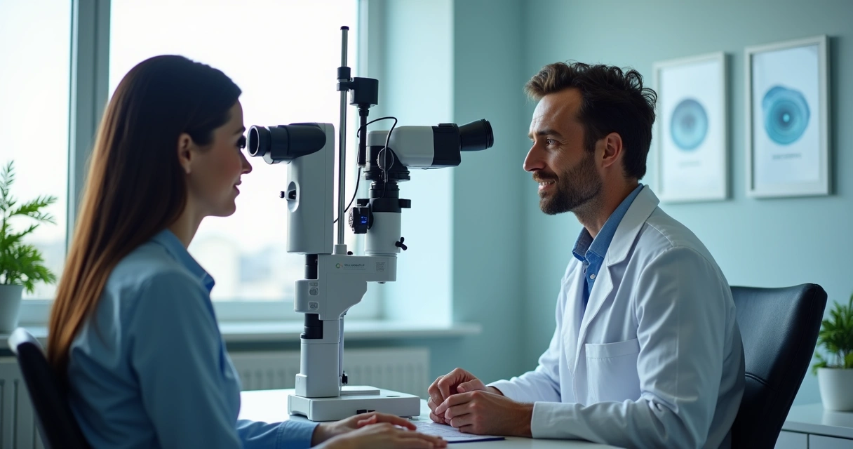 Consulta oftalmológica com paciente sentado e médico usando equipamentos 