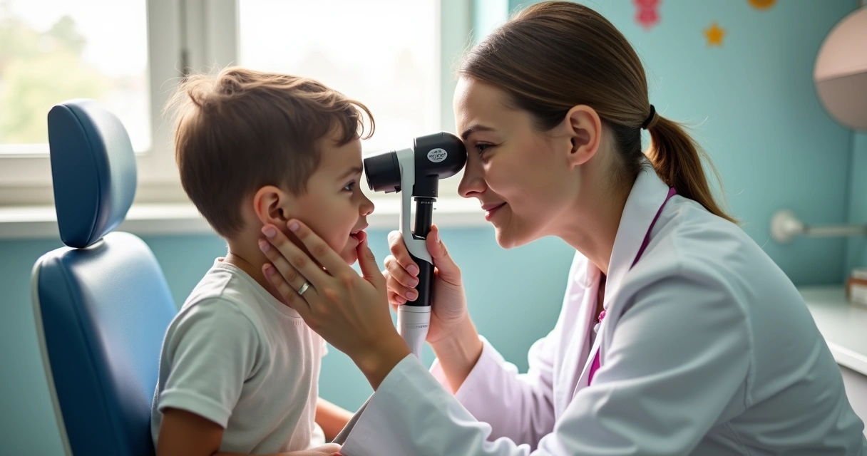 Médico examinando olho de uma criança 