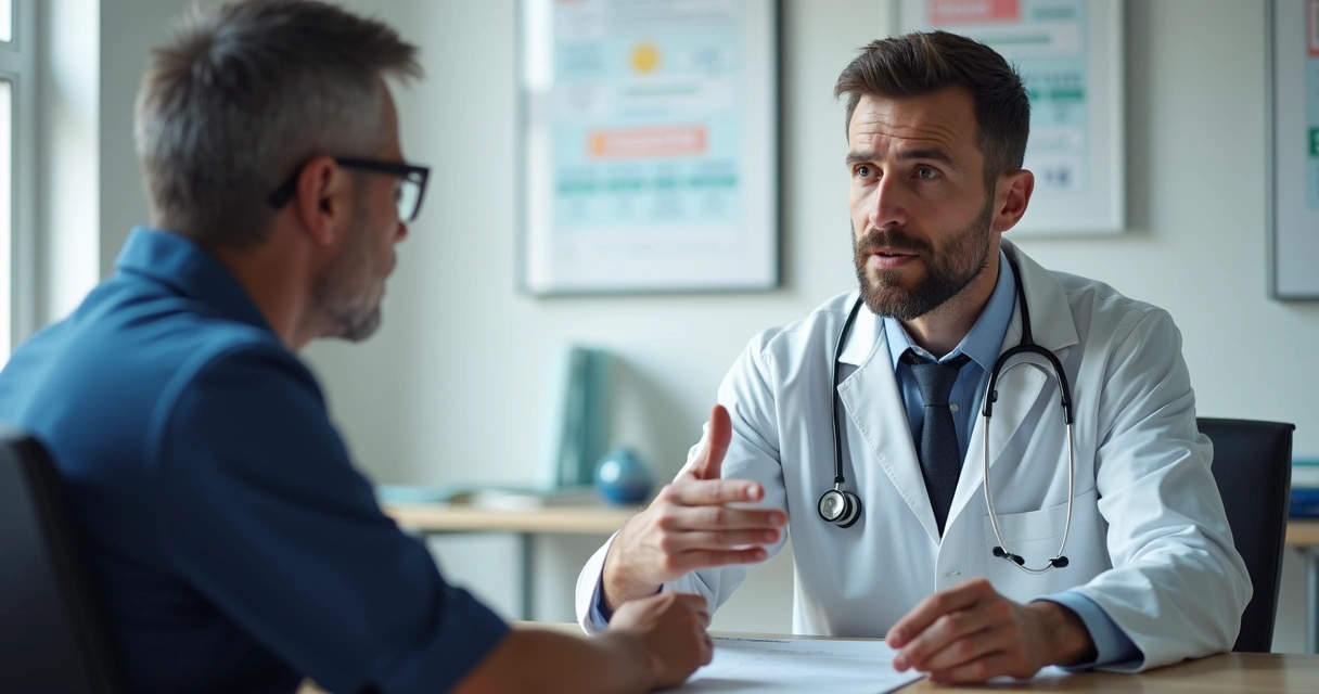 Médico realizando consulta ocupacional com trabalhador 