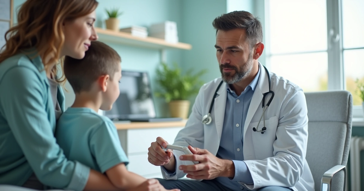 Pediatra mostrando o orquidômetro ao responsável e criança em consultório