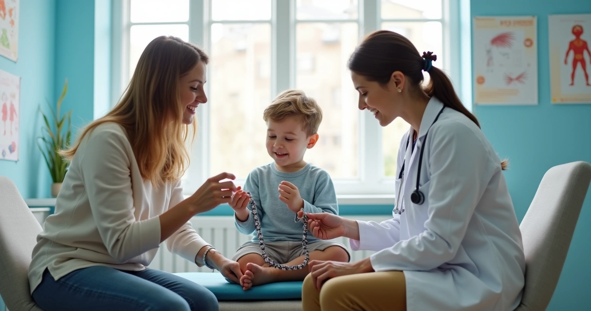 Médico explicando o uso do orquidômetro para um menino em consultório.