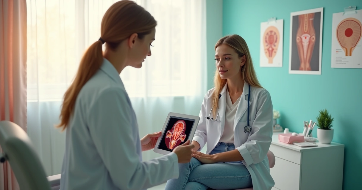 Paciente feminina em consulta médica para exame de Papanicolau, médica explicando procedimento em ambiente humanizado 