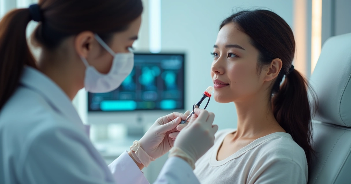 Mulher realizando exame papanicolau em clínica médica com profissional atento 