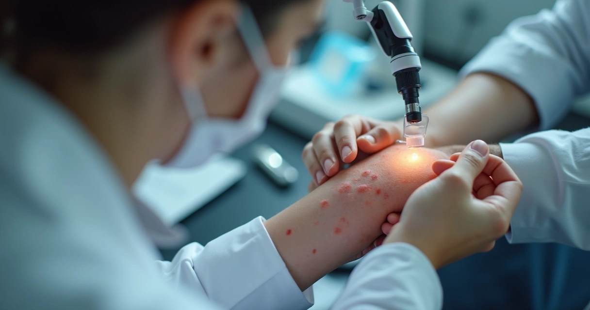 Dermatologista avalia pele de paciente para sinais de vitiligo 