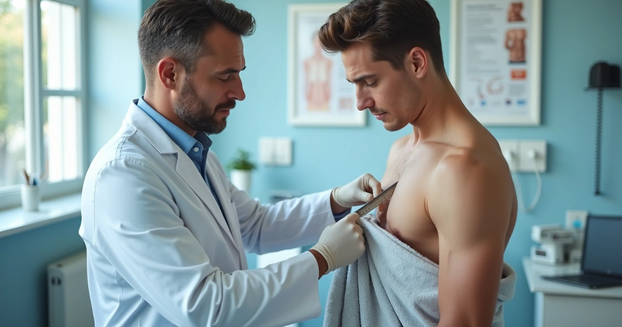 Médico urologista analisando o pênis de um paciente durante consulta com instrumentos médicos modernos 