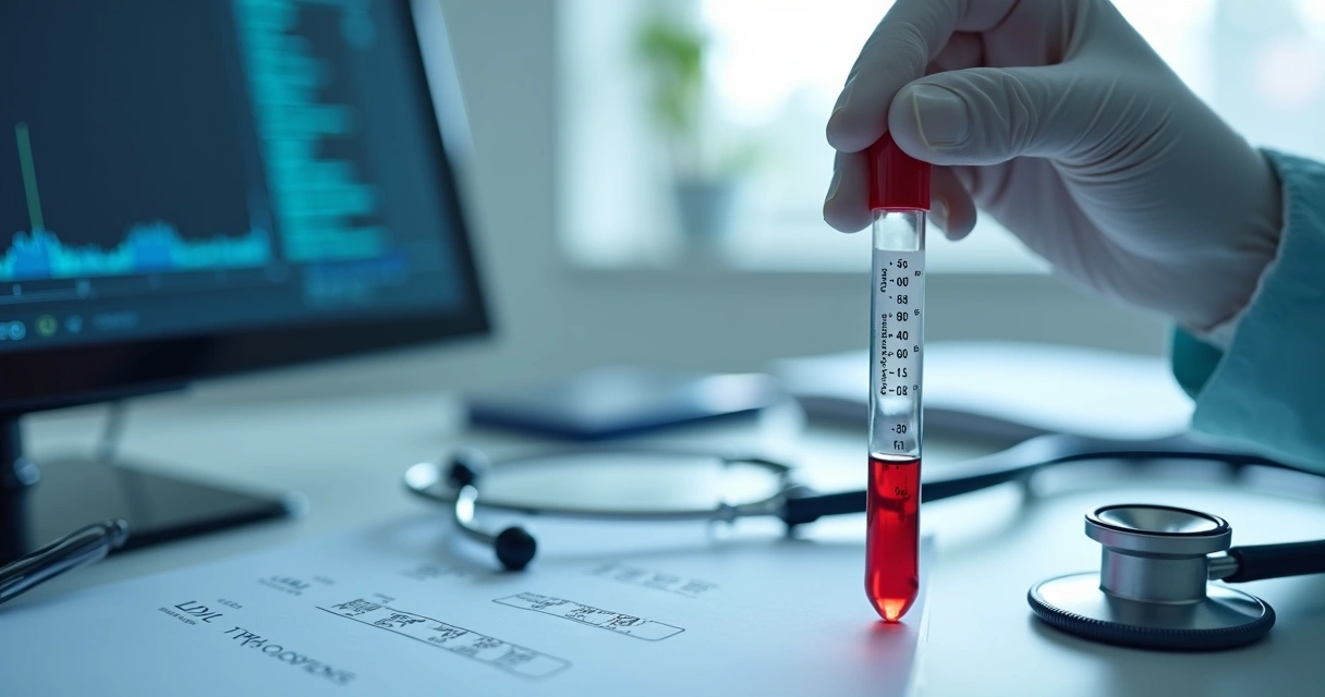 Pessoa segurando tubo de ensaio de sangue ao lado de resultados de exames laboratoriais 