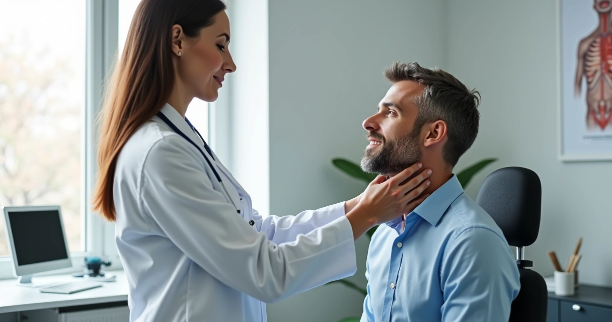 Médica examinando o pescoço de paciente focando na região da tireoide 