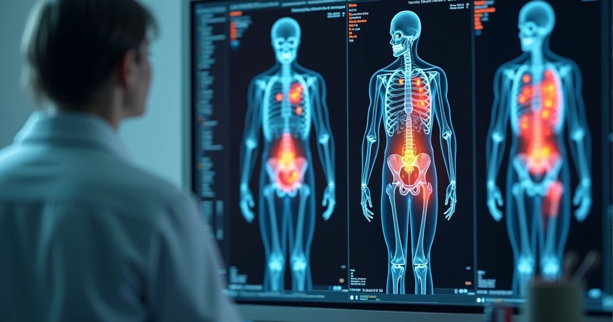 Imagem colorida de PET-CT mostrando áreas de atividade no corpo