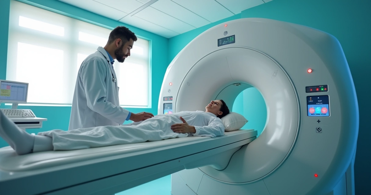 Equipamento de PET-CT sendo usado por médico de jaleco em paciente deitado em sala iluminada 