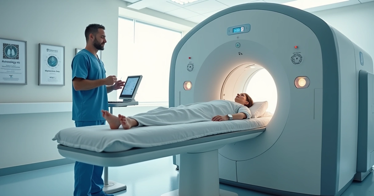 Sala de exame PET-CT com equipamento moderno e paciente adulto sendo preparado 